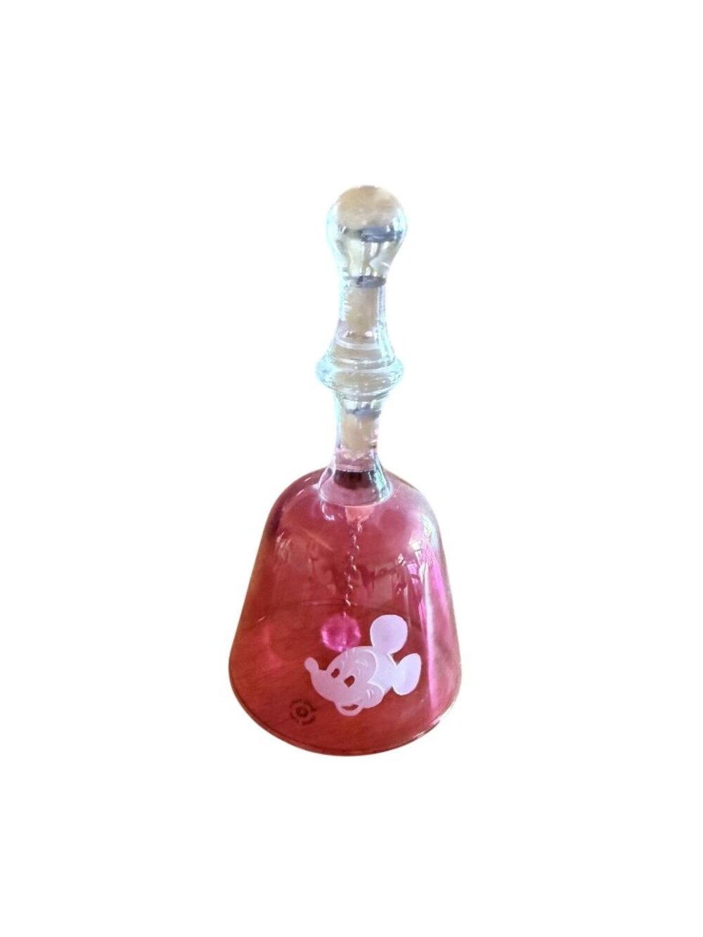 Vintage Cranberry Glass Bell With Etched Mickey Mouse Design Made In USA 6" Tall